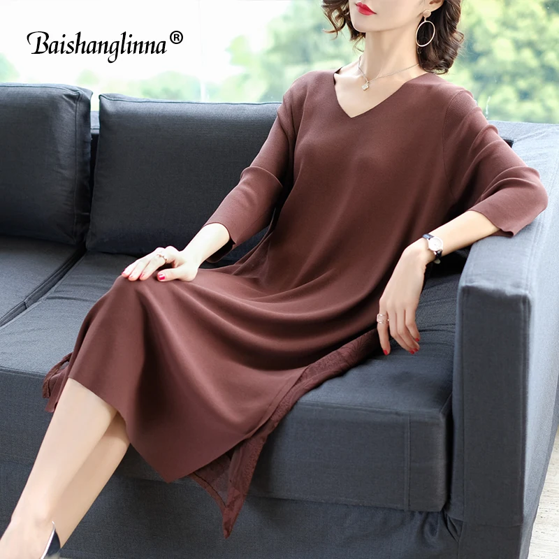 Baishanglinna 2018 Casual Spring and Summer Dress Elegant Women Long Sweater Loose Full Sleeve V Neck Oversized | Женская одежда
