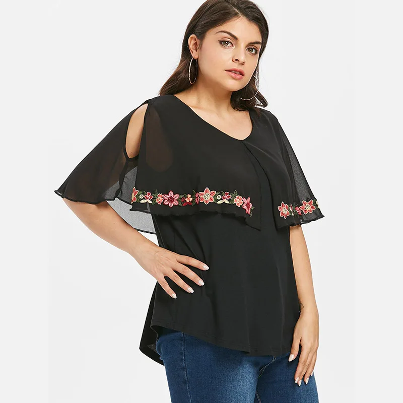 PlusMiss плюс размер 5XL 4XL с открытыми плечами цветочной вышивкой шифоновый топ