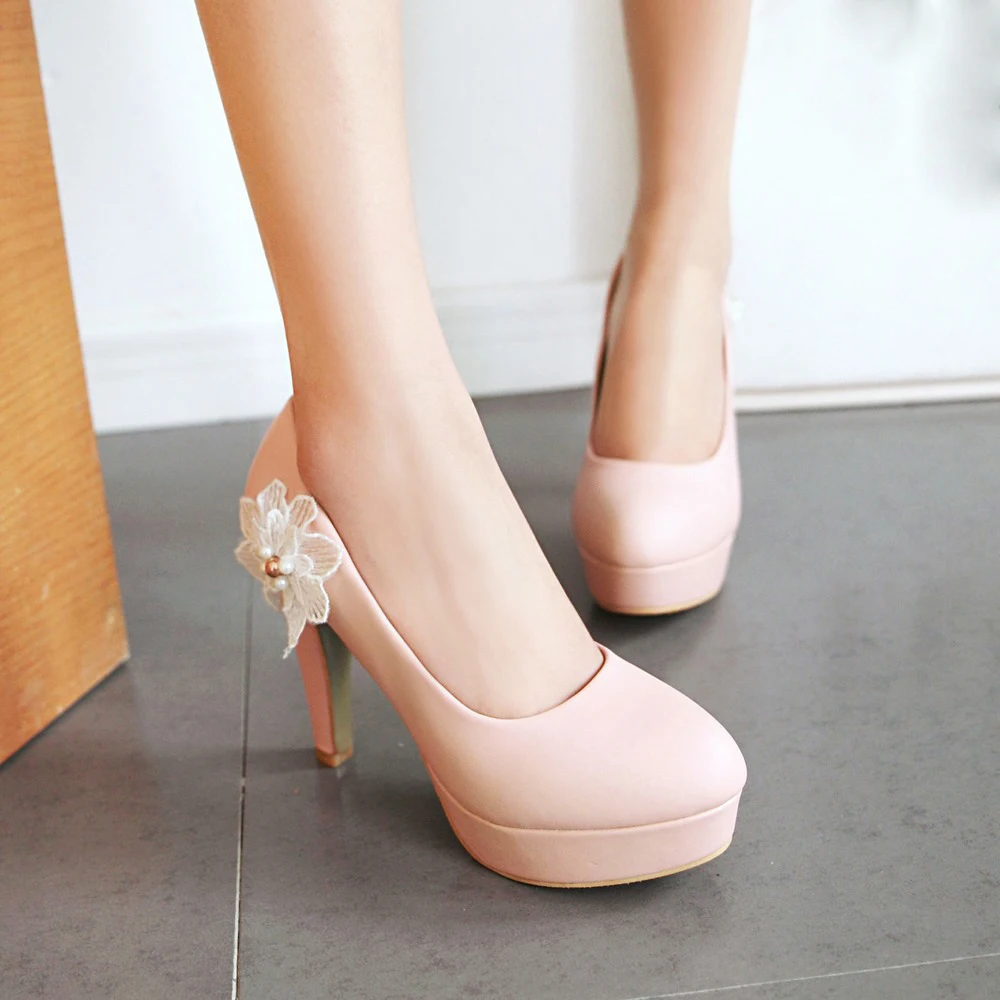 2017 New Spring Autumn Shallow mouth Round Toe Super High Heels Crystal Lace Flower Square heel platform fashion Single shoes | Обувь