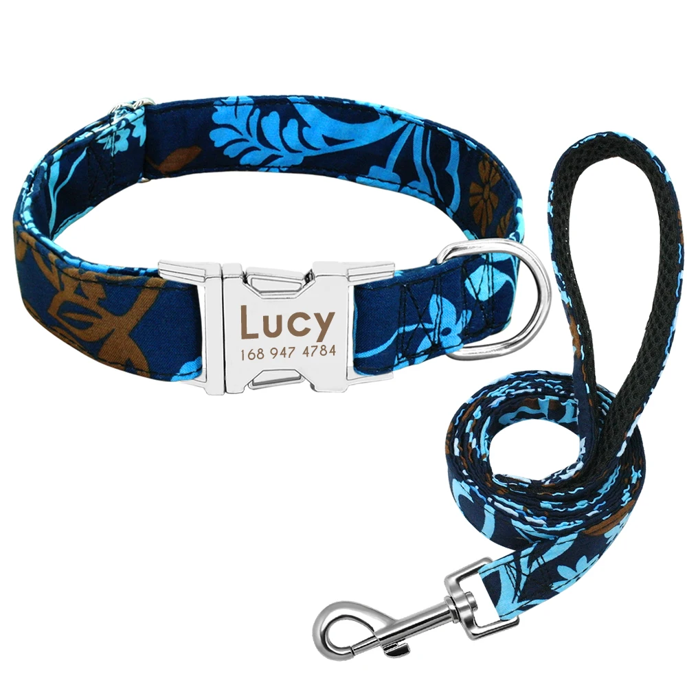 Dark Blue Flower SET Персонализированный собачий ошейник поводок нейлоновый принт ошейники для маленьких собак и поводок для маленьких средних и больших питомец питбуль немецкая овчарка щенок - Цвет: Dark Blue Flower SET