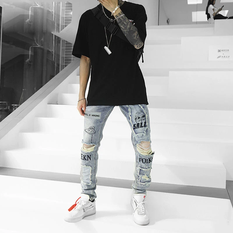 ABOORUN Hi уличные мужские модные рваные джинсы патчи с рисунком граффити хип хоп