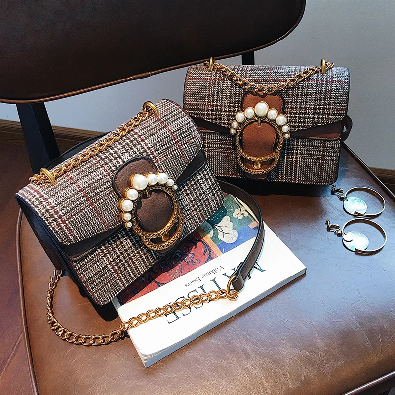 Осенне-зимняя маленькая шерстяная сумка через плечо с цепочкой на ремне модная