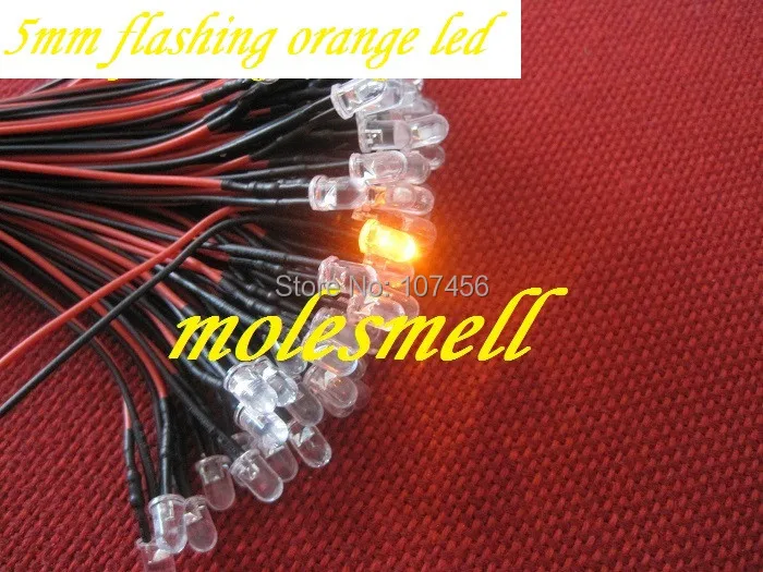Free shipping 1000pcs 5mm 5v Flashing Orange LED Lamp Light Set Pre-Wired 5mm 5V DC Wired blinking orange led amber led