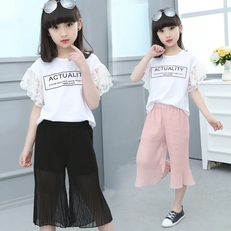 2019 летняя одежда для девочек футболка с надписью + широкие брюки ноги пляжные