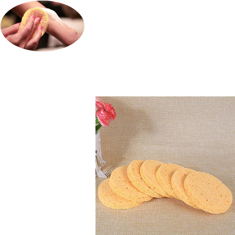 

8cm Dia Natural Wood Fiber Round Yellow Face Wash Cleansing Sponge Makeup Tools Accessories 10 PCs