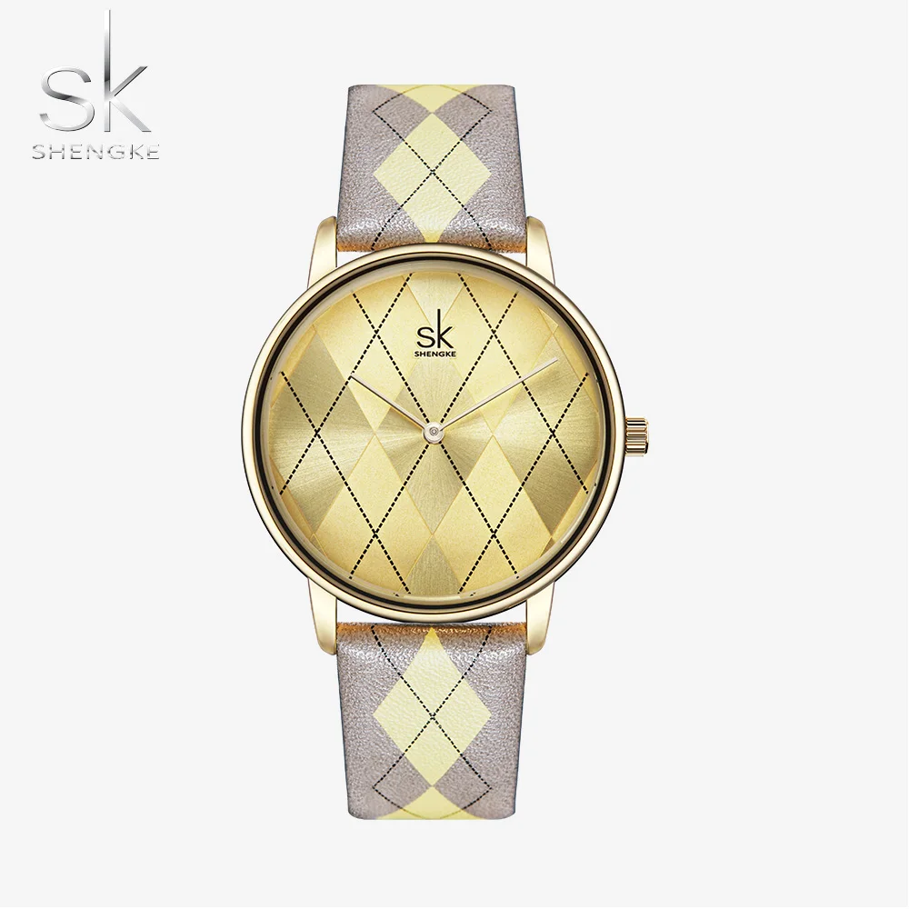 Shengke, женские часы, клетчатые, кожаные, для девушек, наручные часы, женские часы, брендовые, наручные часы, часы Montres Femme Reloj Mujer - Цвет: yellow