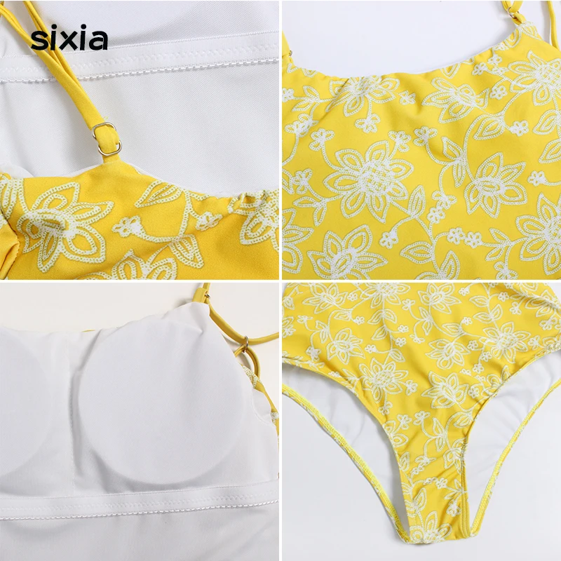 Пикантные желтые цветочный цельный купальник Push Up Bandeau Купальники женские 2018
