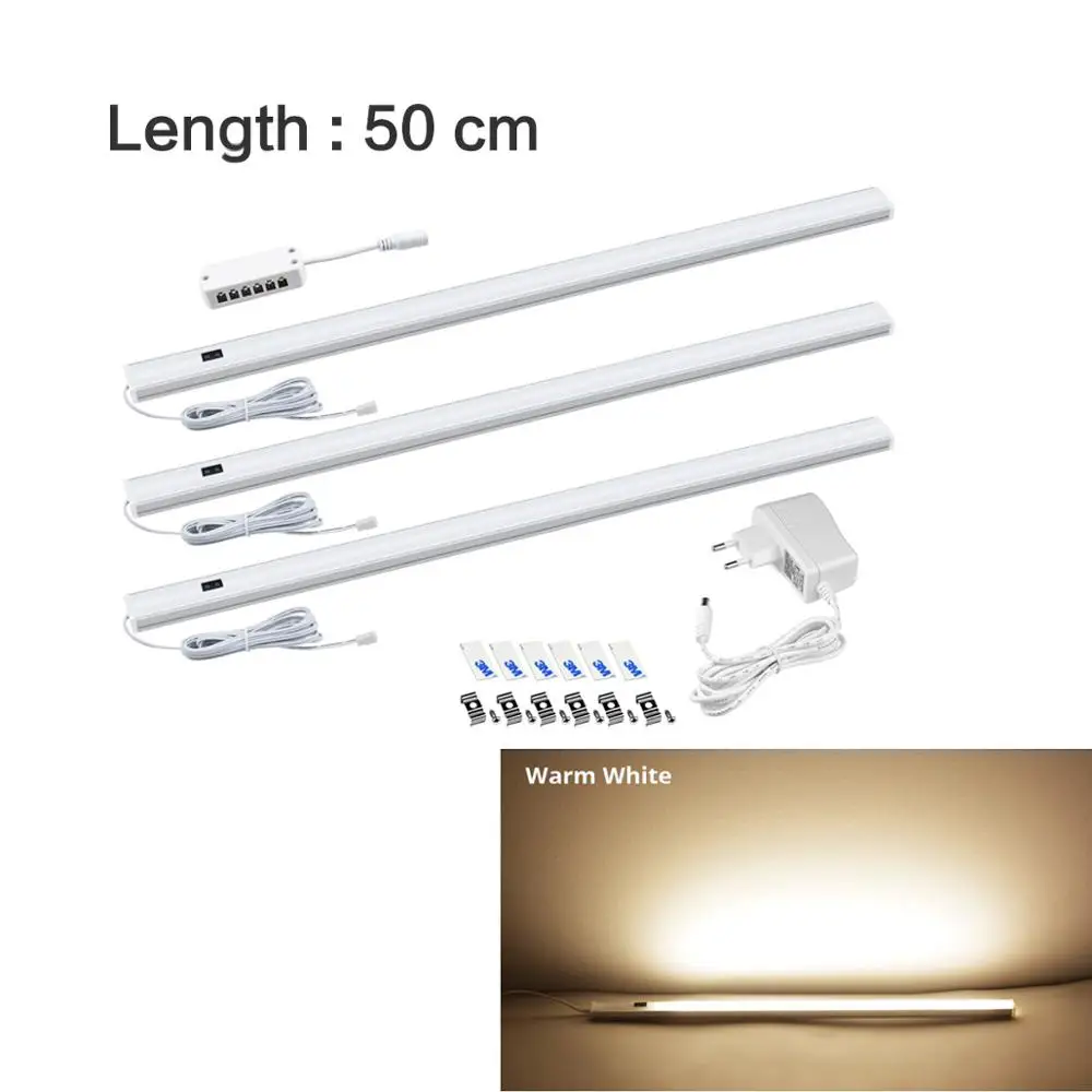 Warm 50cm x 3Pcs 2 шт. светодиодный светильник для Кухня ручная лампа сканера со штепсельной вилкой европейского стандарта 12V ручной Сенсор переключатель светодиодный светильник жесткая бар светильник для Спальня шкаф лампы - Цвет: Warm 50cm x 3Pcs