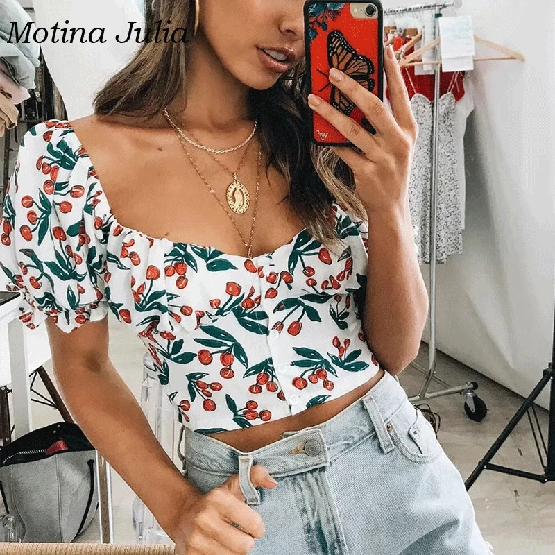 Мотина Юлия 2019 летнее платье с принтом в виде вишен женские блузки рубашки