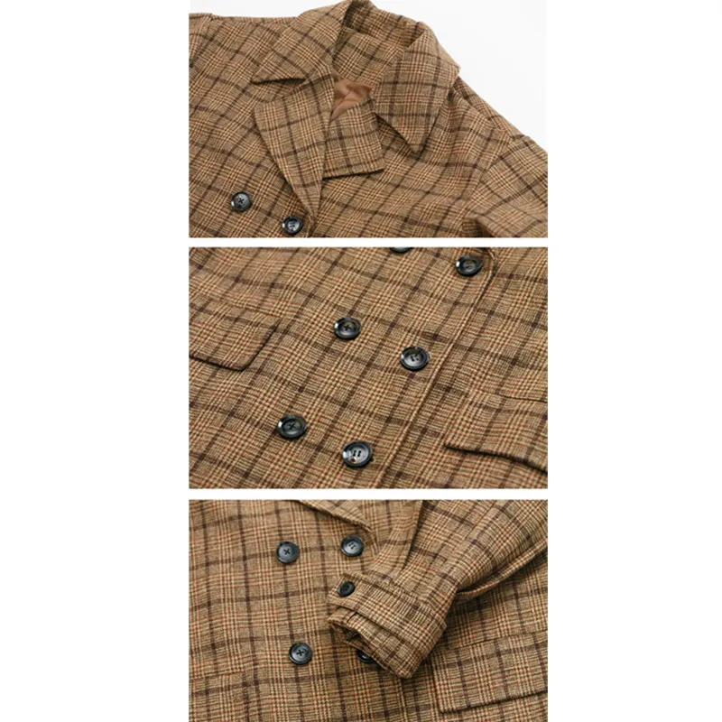 Женское винтажное шерстяное пальто в клетку длинное двубортное облегающее кокон