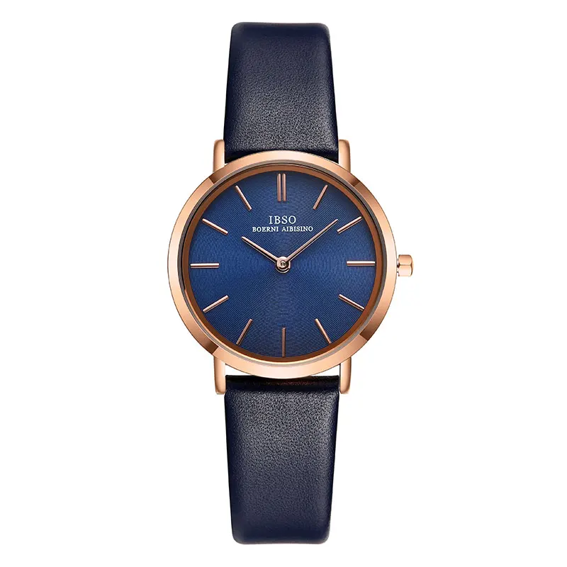Blue Rose Gold IBSO женские наручные часы ультра-тонкие кварцевые Простые повседневные женские часы Montre Femme с кожаным ремешком часы Relogio Feminino - Цвет: Blue Rose Gold
