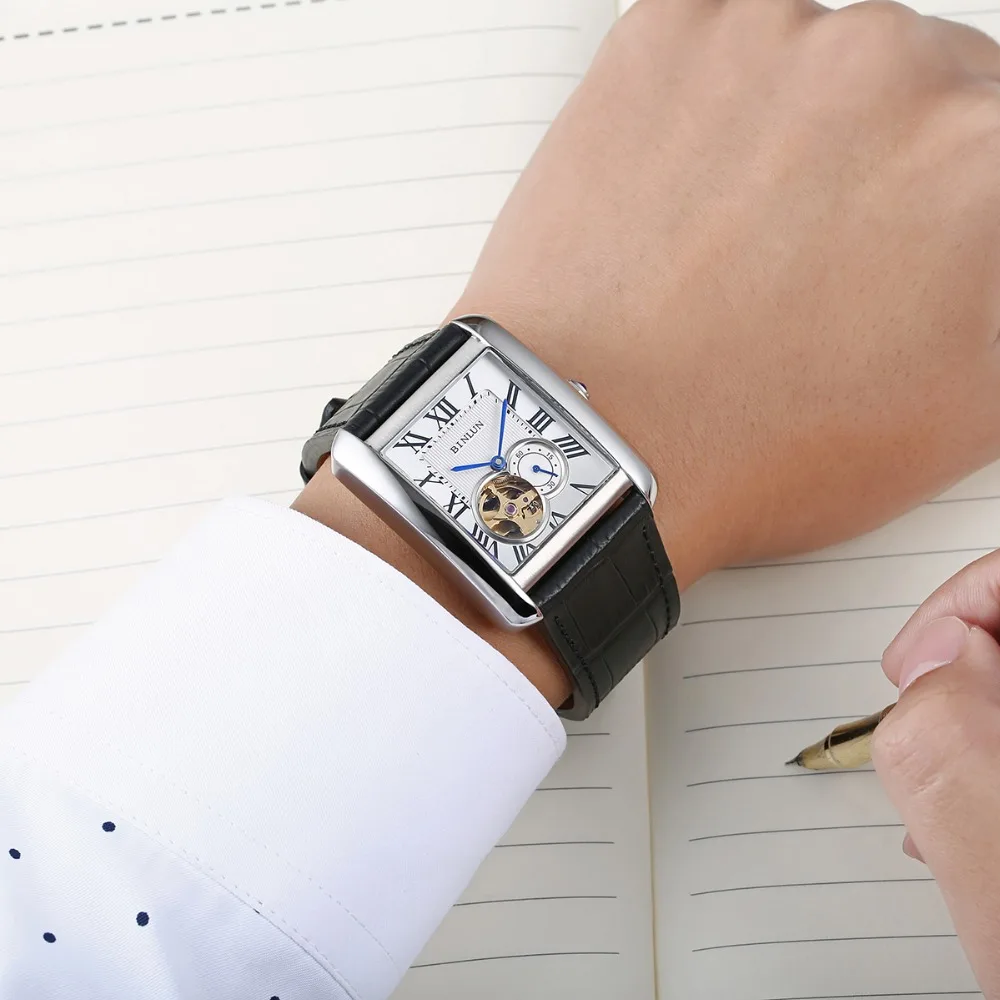 BINLUN классические прямоугольные Мужские автоматические часы Tourbillon механические часы Роскошные мужские часы со скелетом часы из натуральной кожи