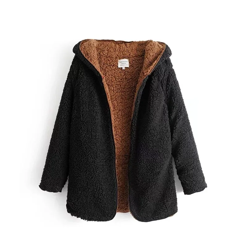 Faux Fur Coat Women Winter Warm Soft Hooded Long Double-sided Casacos Thickened Plush Loose Overcoat Casual Outerwear | Женская одежда