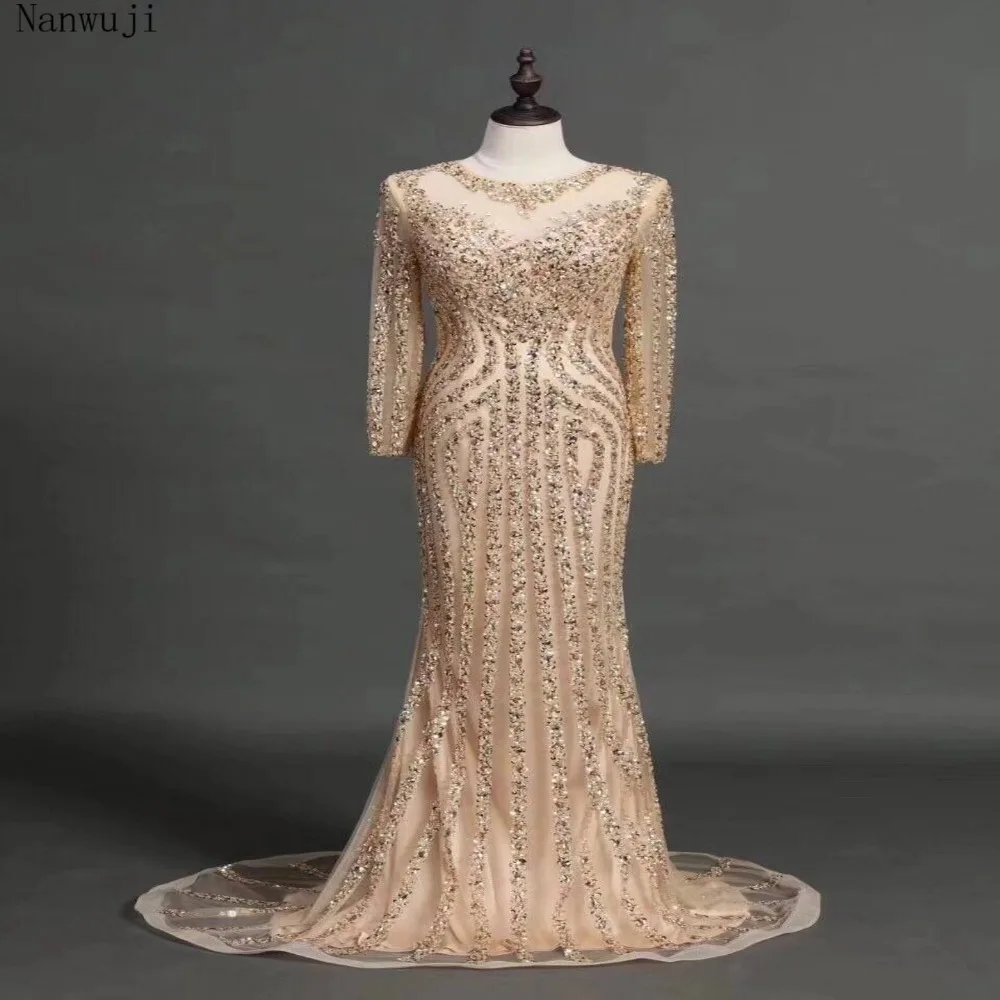 

Luxury Grey High neck Mermaid Evening Dresses Champagne Sweep Train Beading Crystal Sparkly Evening Gown Robe De Soiree