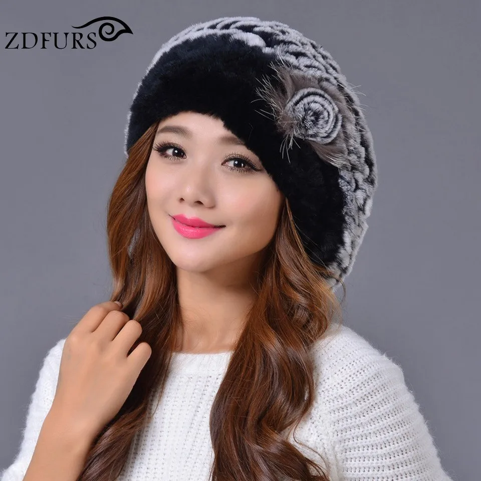 black with black ST ZDFURS*, зимний Настоящий мех кролика, шапка, берет, зимняя шапка, натуральная женская теплая шапка с лисьим мехом, цветок,, ZDH-161003 - Цвет: black with black ST