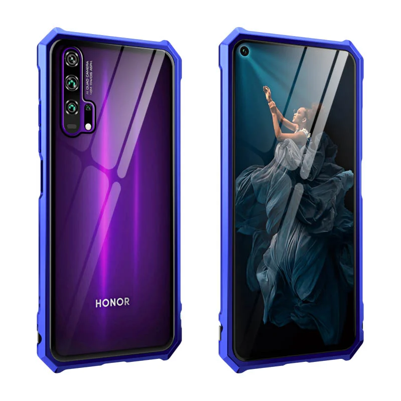 Для huawei Honor 20 Pro 20i чехол металлический бампер алюминиевый сплав 9H закаленное стекло противоударный чехол для Honor 20 Lite чехол для телефона - Цвет: Blue