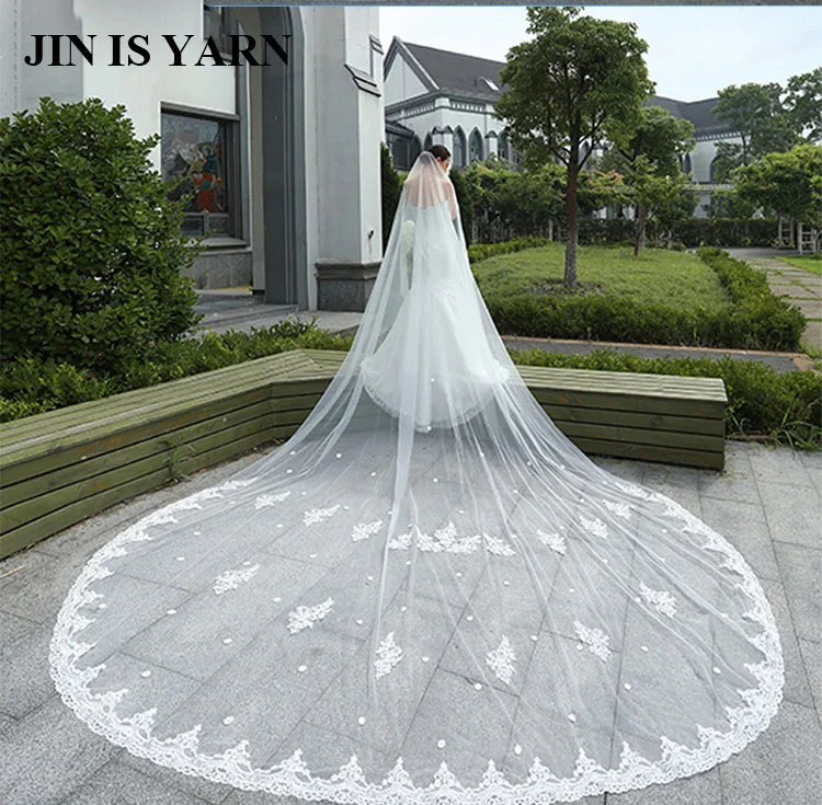 

Up.Sky 2019 New 4 Meters One Layer Lace Tulle Long Wedding Veil New White Ivory 4 M Bridal Veil with Comb Velos De Novia