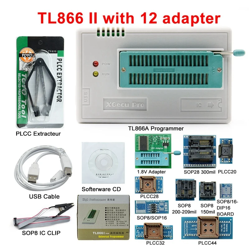 Универсальный программатор Minipro V8.33 Tl866Ii Plus + 28 адаптеров тестовый зажим Tl866 Pic Bios