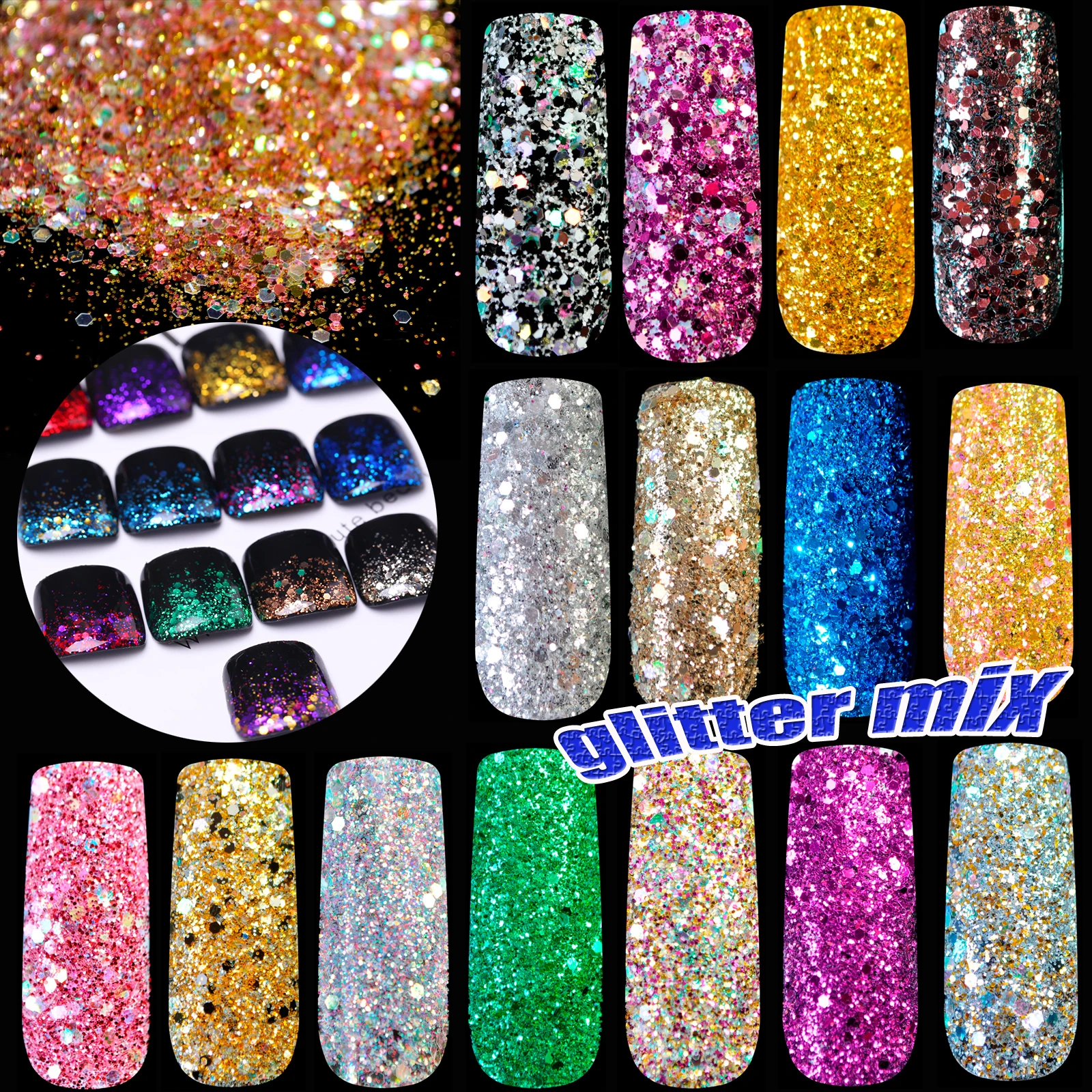 Смешанный дизайн ногтей Блестящий порошок цвет блёстки макияж супер блеск для