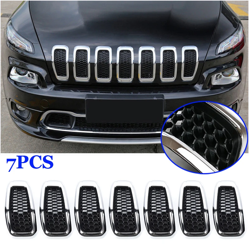 Передняя вставка сетчатая решетка Накладка для Jeep Cherokee- передние черные вставки для радиаторной решетки хромированные Чехлы Глянец 7x