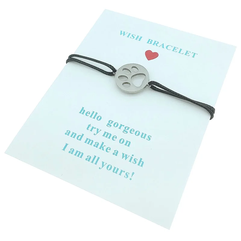 with black cord Собачья лапа печать из нержавеющей стали шнурок для брелока Wish Bracelet узор в виде лапы животного кулон из нержавеющей стали регулируемый браслет - Окраска металла: with black cord
