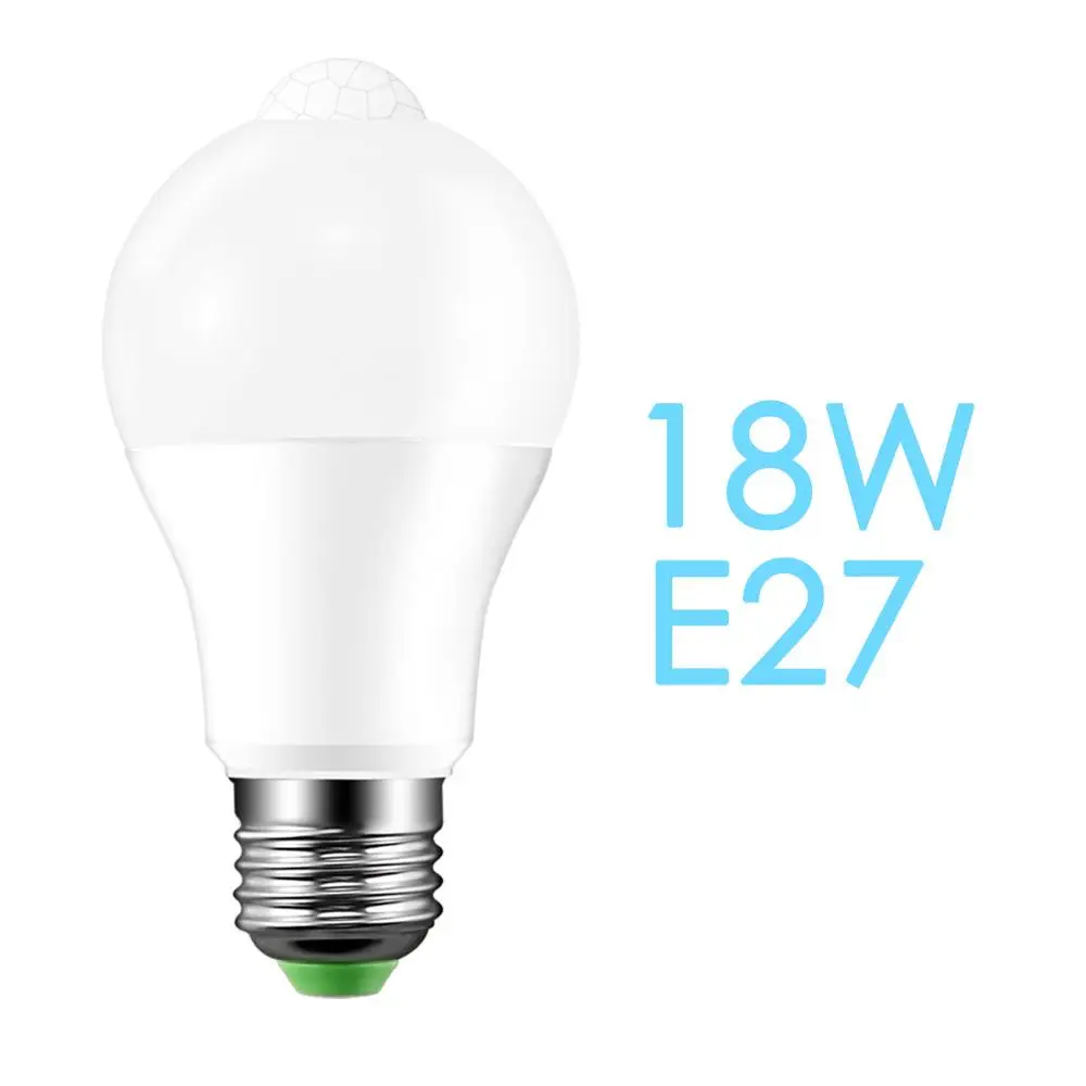 E27 18W CW Светодиодный светильник с инфракрасным датчиком движения IP42, 12 Вт, 18 Вт, 110 В, 220 В, для домашнего патио, индукционный светильник для человеческого тела, ночная лампа с сумерками до рассвета, умная лампа - Испускаемый цвет: E27 18W CW