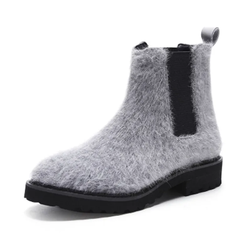 Осень-зима круглый носок Мех животных Дизайн слипоны Однотонные женские сапоги