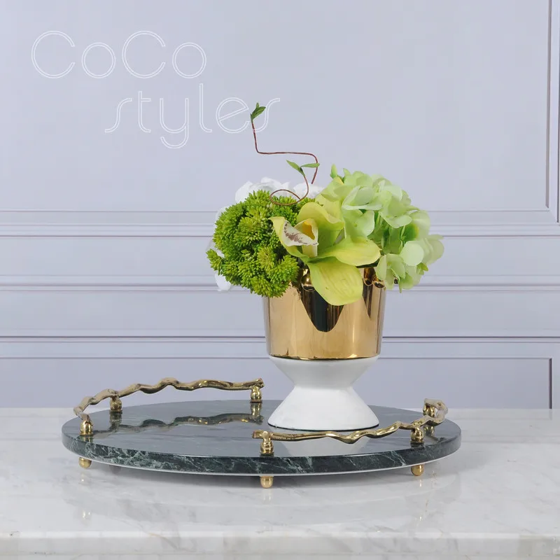 Cocostyles InsFashion роскошный круглый зеленый мраморный поднос с кривой латунная ручка для супер высокого класса пятизвездочный отель Декор