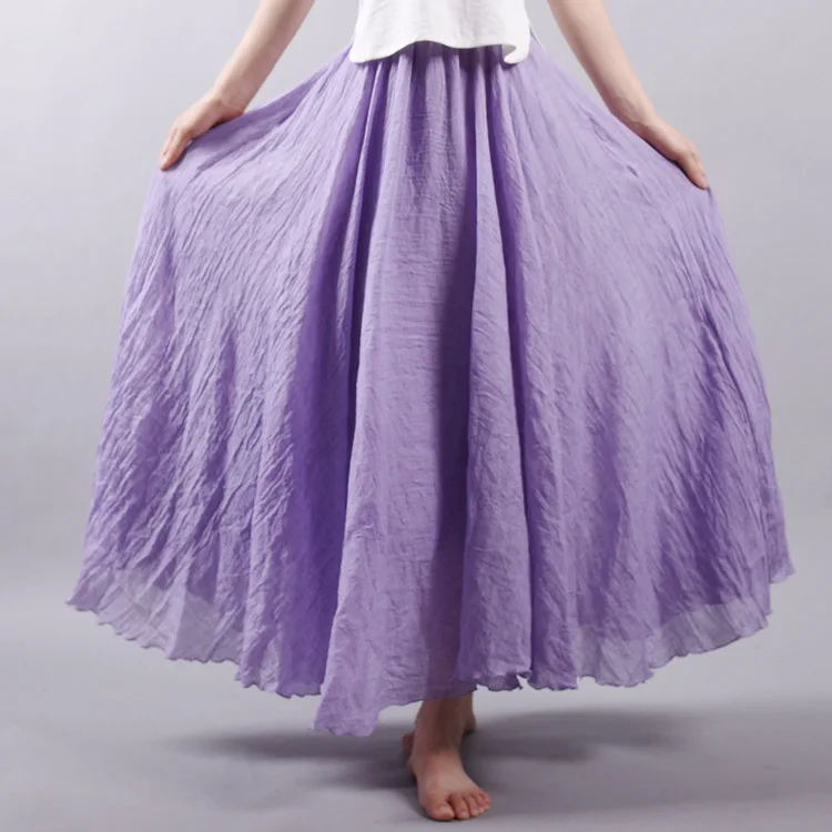 Light purple Tataria/Женская юбка из хлопка и льна, плиссированная трапециевидная юбка с высокой талией, Женская винтажная Однотонная юбка с эластичной резинкой на талии до щиколотки - Цвет: Light purple
