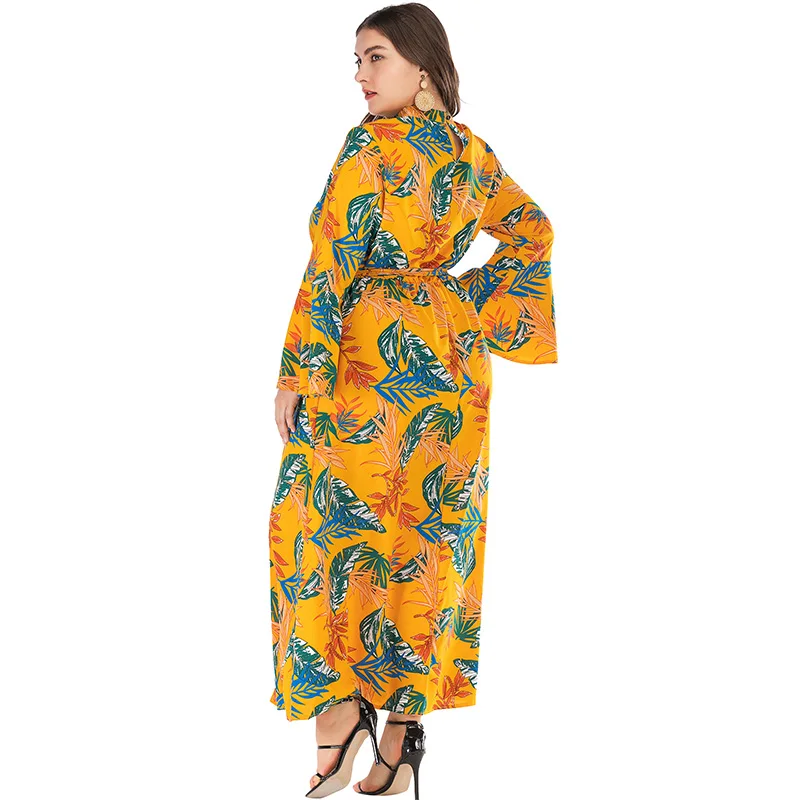 Women Plus Size Long Dress Leopard Leaves Print Choker V Neck Fall 2019 Flare Sleeve Slim Elegant Maxi Brown/Yellow | Женская одежда