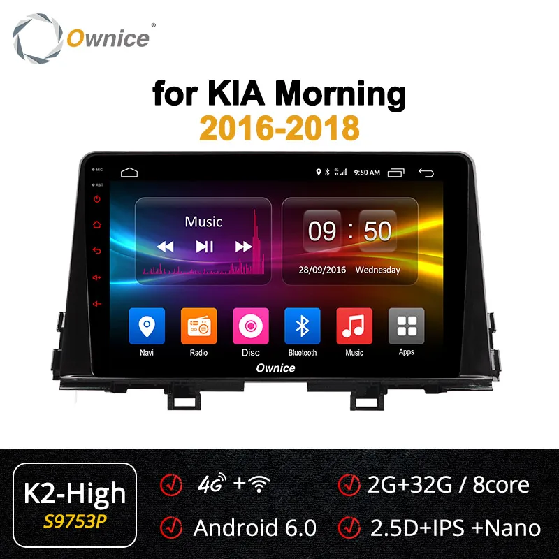 Ownice K2 K3 K5 K6 Android 9,0 автомобильный Радио dvd-плеер для KIA PICANTO MORNING 2 Din Стерео gps 360 панорама DSP - Цвет: S9753 K2-High