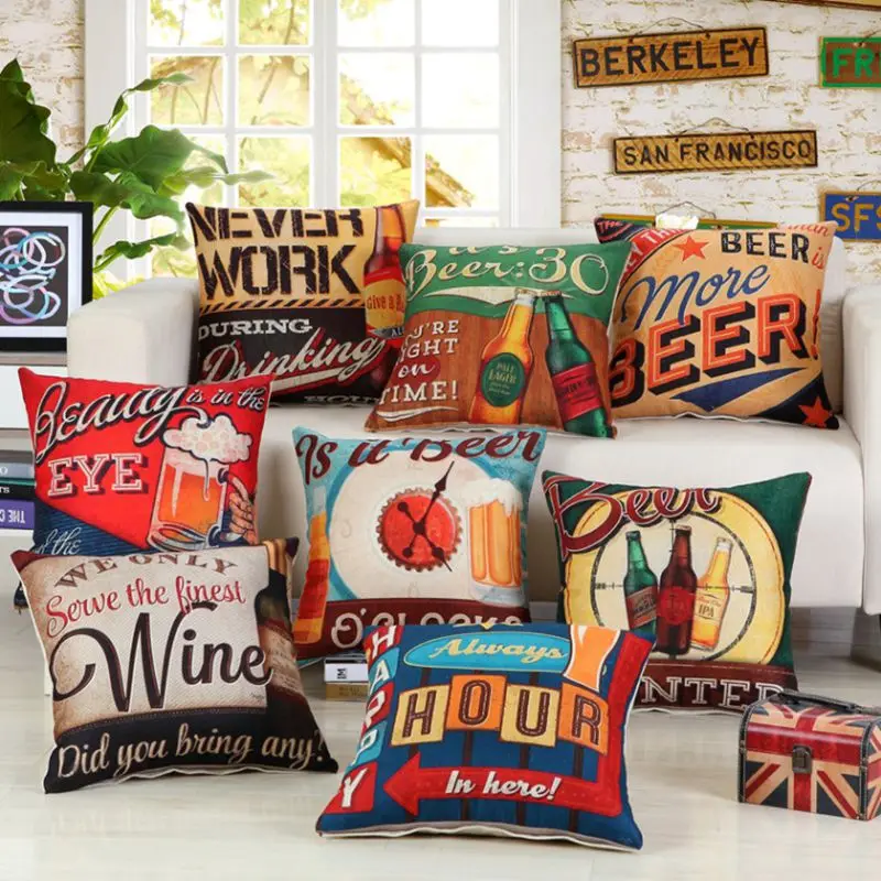 

Beer Wine Vintage Style Pillow Covers Cotton Linen Romantic Home Decor Throw Pillows Gifts Sofa Seat Cushion Cover
