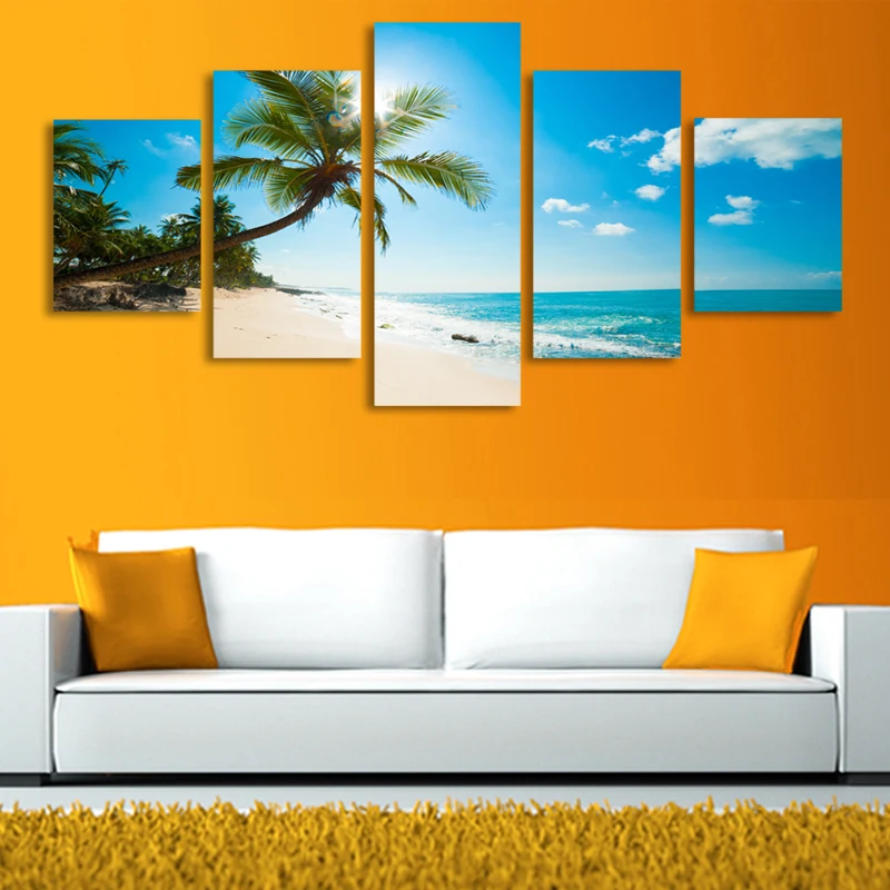 

Canvas Painting 5 Panels Sunshine Beach Coconut Trees Picture Canvas Print Painting Artwork Wall Art Home Decoration Unframed