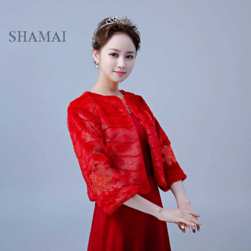 

SHAMAI Red Winter Faux Fur Bridal Jacket Warm Boleros Wedding Bride Cape High Quality Wedding Wrap With Flower Free Shipping