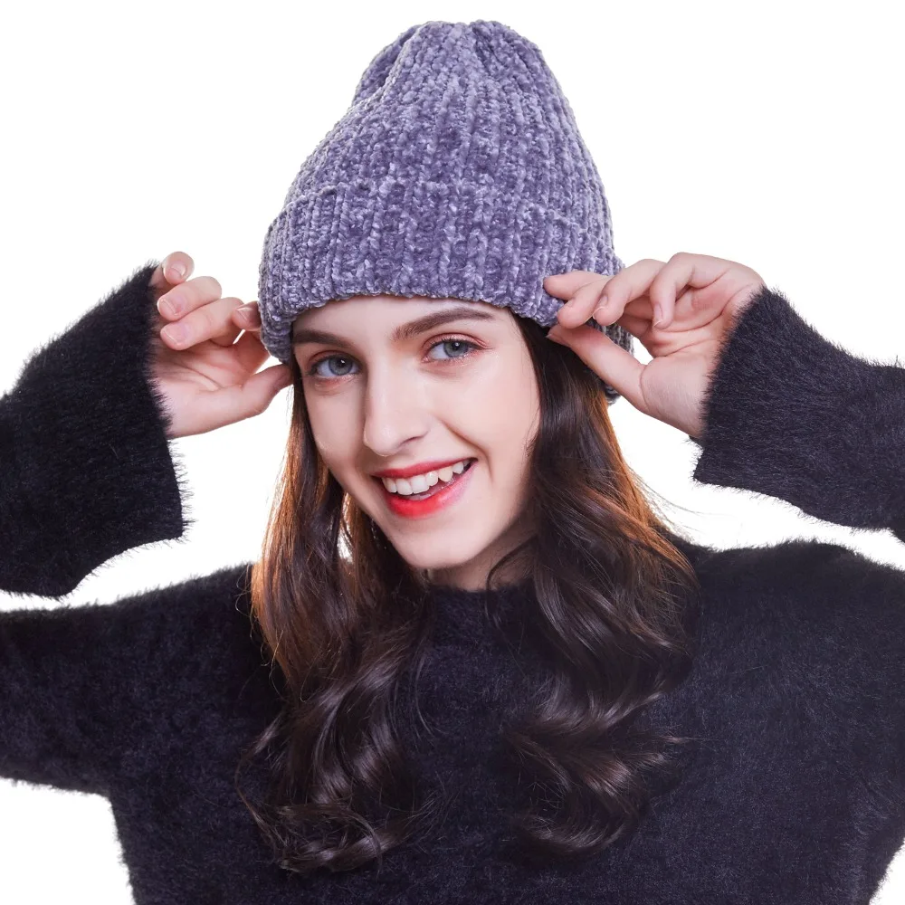 Женская вязаная шапка Haimeikang плотная теплая зимняя из синели с черепом Шапка