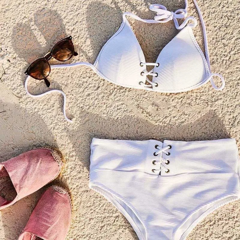 Белый купальники для малышек женщин высокая талия комплект бикини бинты