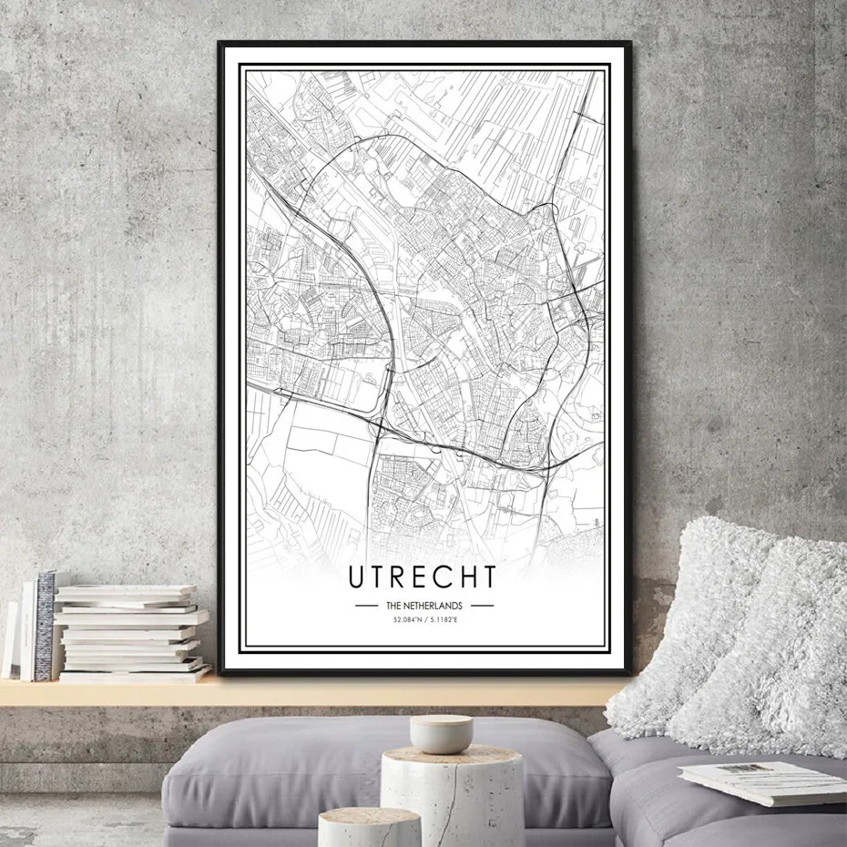 Черно-белый Утрехт CUENCA copenheng Карта города черно-белые плакаты холст живопись принты стены искусства картины в стиле поп домашний декор