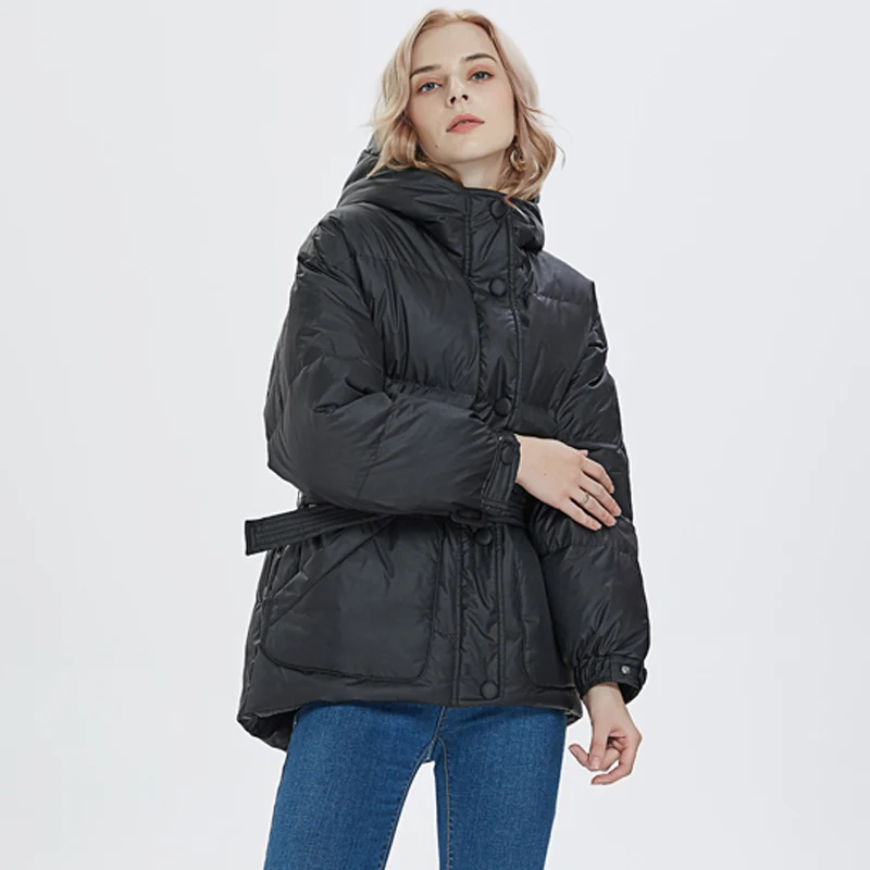 Пуховик женский ультра-светильник с капюшоном и поясом | Женская одежда