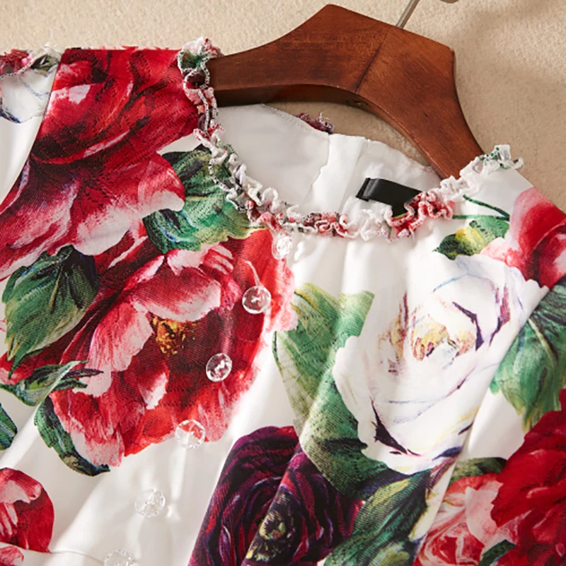 2018 Autumn Pretty Rose Print Mermaid Dress Women High Quality Short Sleeve O_neck Mid-Calf Length Slim Floral | Женская одежда