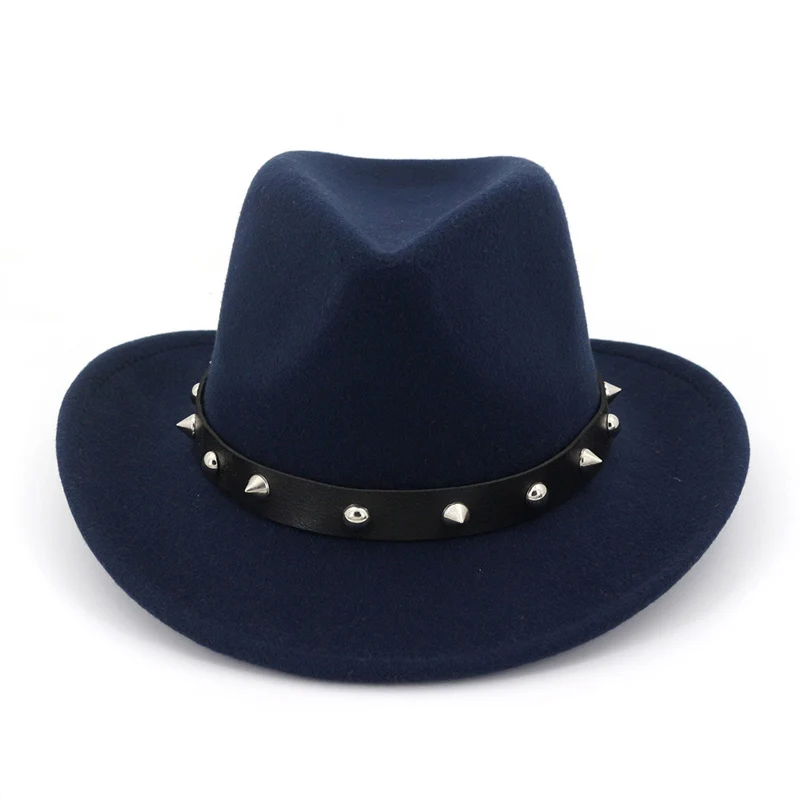 navy blue Шерстяная фетровая Панама с широкими полями, ковбойская шляпа, джазовые шляпы Федора и трибли с заклепками на ремне, формальная верхняя шляпа, шляпа для мужчин и женщин - Цвет: navy blue
