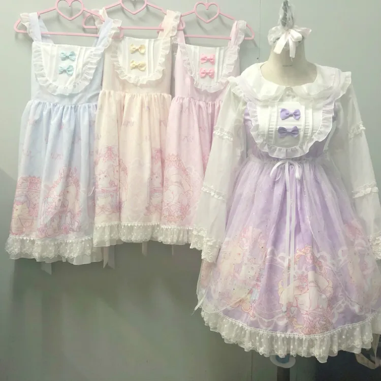 Kawaii японская Лолита АО платье женская летняя обувь мягкой сестра ветер милые с рисунком кошки с бантом в стиле «лолита» с ремешком и милым милое платье