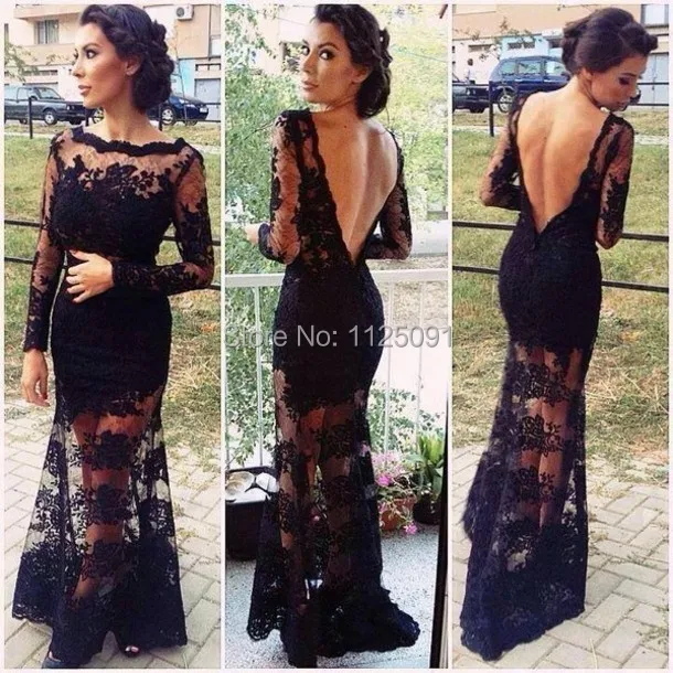 

New Kim Kardashian See Through Black Lace Long Sleeve Backless Black Floor Length Formal Celebrity Gown Evening Dress