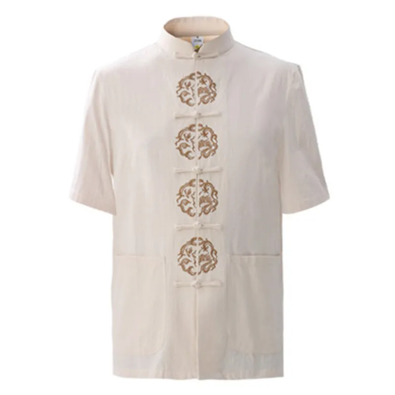 Summer Navy Blue Men's Cotton Embroidery Dragon Shirt tops Vintage Chinese Kung Fu Short Sleeve Tang Suit Size M - XXXL | Мужская