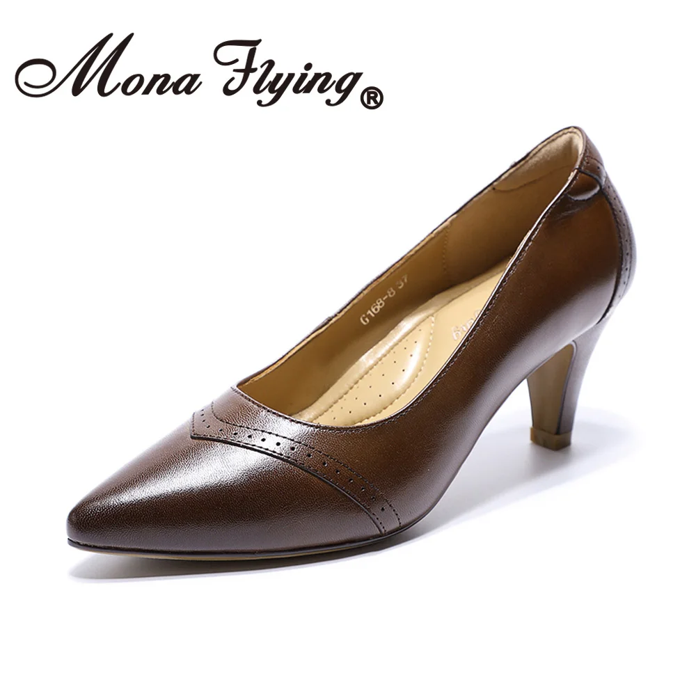Mona Flying/женские кожаные туфли-лодочки ручной работы; модные удобные Вечерние обувь на высоком каблуке для офиса; женская обувь; G168-8 - Цвет: Coffee
