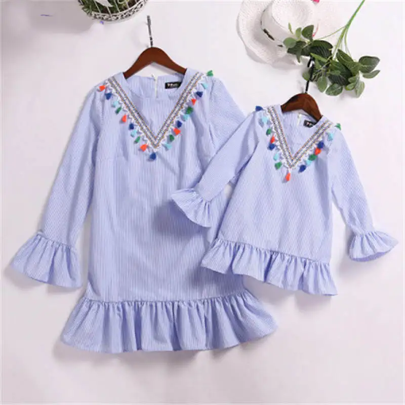 Mother and daughter dress 2019 Long Sleeve Stripe Tassel Mini Dress Mom Family matching outfits clothes C0335 | Мать и ребенок
