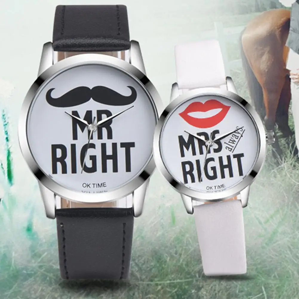LinTimes Women Men Leather Trap Mr Right/Mrs Right Quartz Watch Lovers Casual Wristwatch