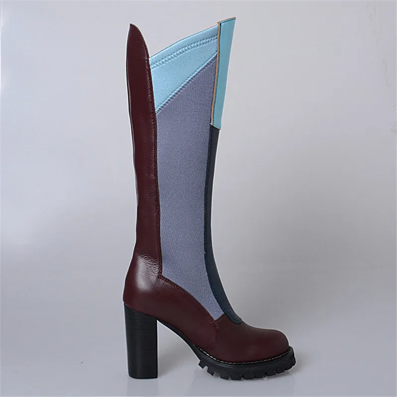 

Prova Perfetto Originality Mixed Color Genuine Leather Sweety Style Woman Knee High Boot Round Toe Chunky High Super Heel Boots