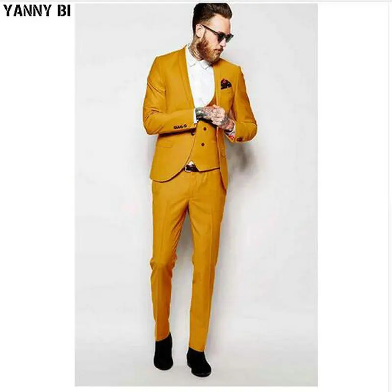 

Мужской костюм-тройка, желтый облегающий блейзер с лацканами, яркий, для выпускного вечера, смокинги для жениха (пиджак + брюки + жилет)