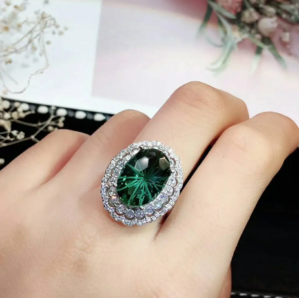 Ring MeiBaPJ Топ Сияющий натуральный бразильский Зеленый Кристалл ювелирный набор Настоящее 925 пробы Серебряное кольцо ожерелье изящное кольцо Свадебные украшения - Цвет камня: Ring