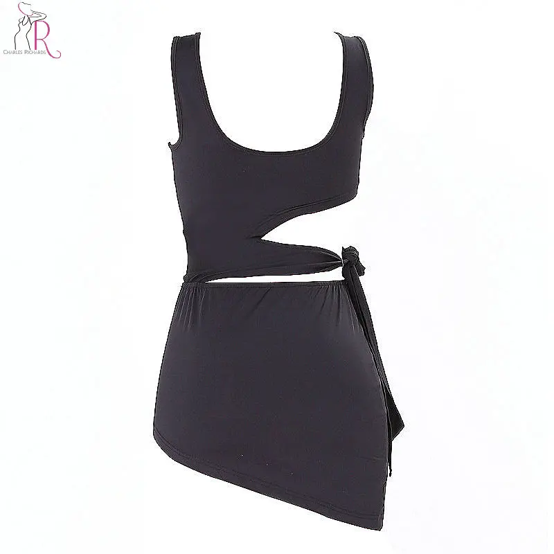 Два однотонных цвета без рукавов сексуальный топ с вырезами и асимметричный